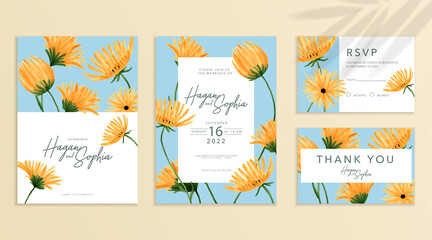 Wedding invitation card set template with beautiful yellow flowers and leaves watercolor in blue background.