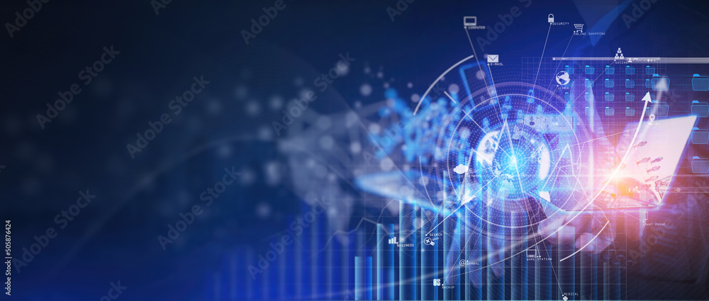 Poster businessman using all technology global network connection on investor and customer with sale data e