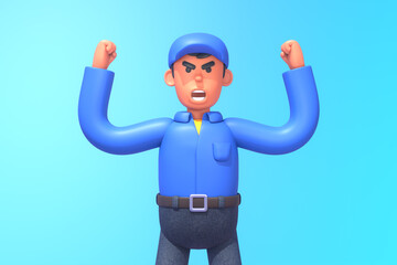 3d render of mechanic, courier or construction worker in rage, shouting, showing angry emotion