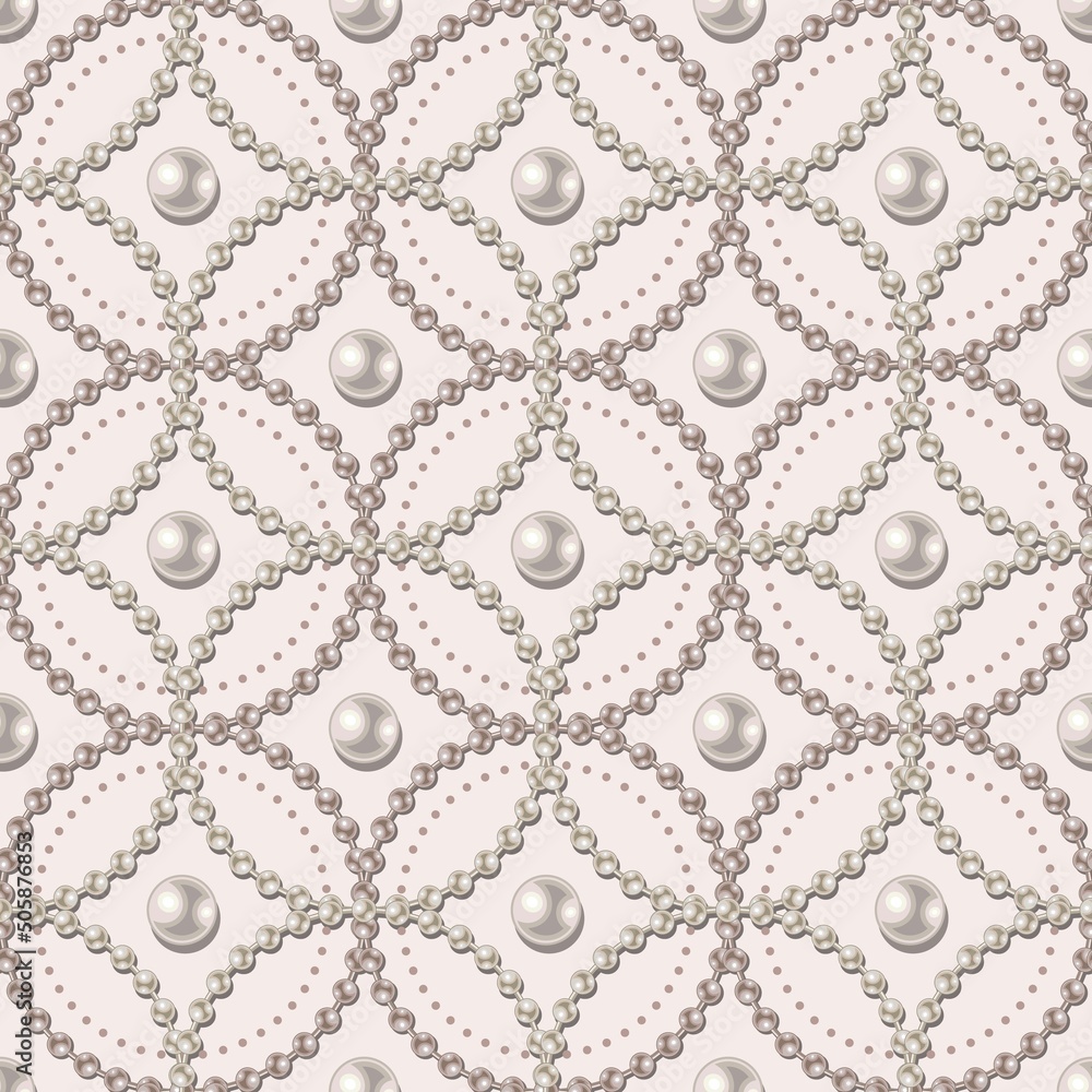 Poster seamless geometric chain pattern with strings of white pearls, intricate overlapping circles on whit