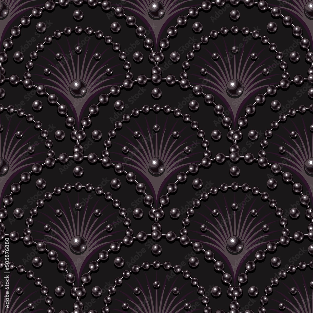 Poster seamless dark lilac pattern with fan shaped grid, string of pearl bads, thin rays inside of grid cel