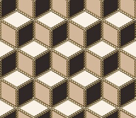 Seamless isometric classic cube pattern with golden chains and beads. White, beige, brown colors.