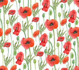 Floral seamless pattern with poppy flowers. Watercolor hand painted illustration. Great for fabrics, wrapping papers, wallpapers, covers, tumblers. Summer textile print. Red and green colors