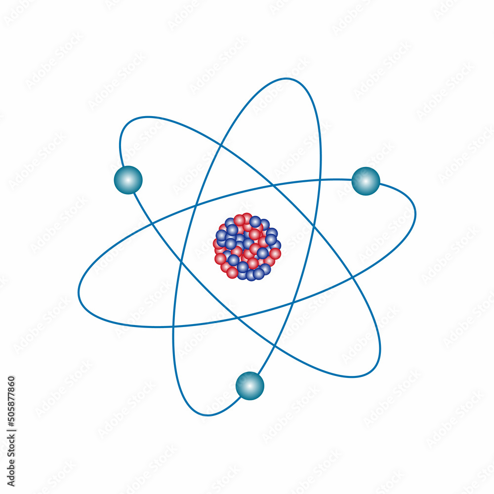 Poster atom structure model. nucleus of protons and neutrons. orbital electrons. vector illustration isolat