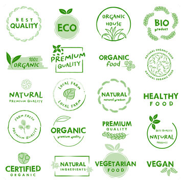 Organic food, natural food and healthy life product logos, icon, badges and stickers.