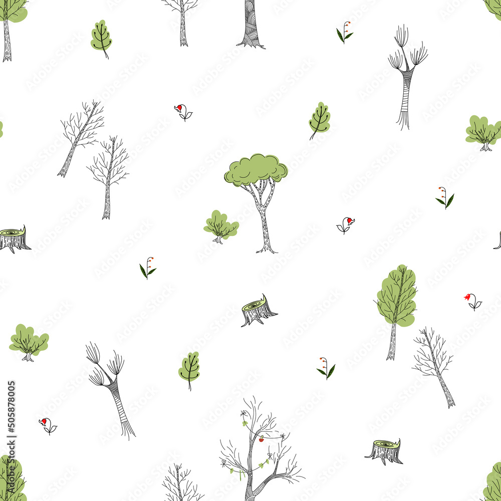 Poster seamless vector forest pattern in doodle style.