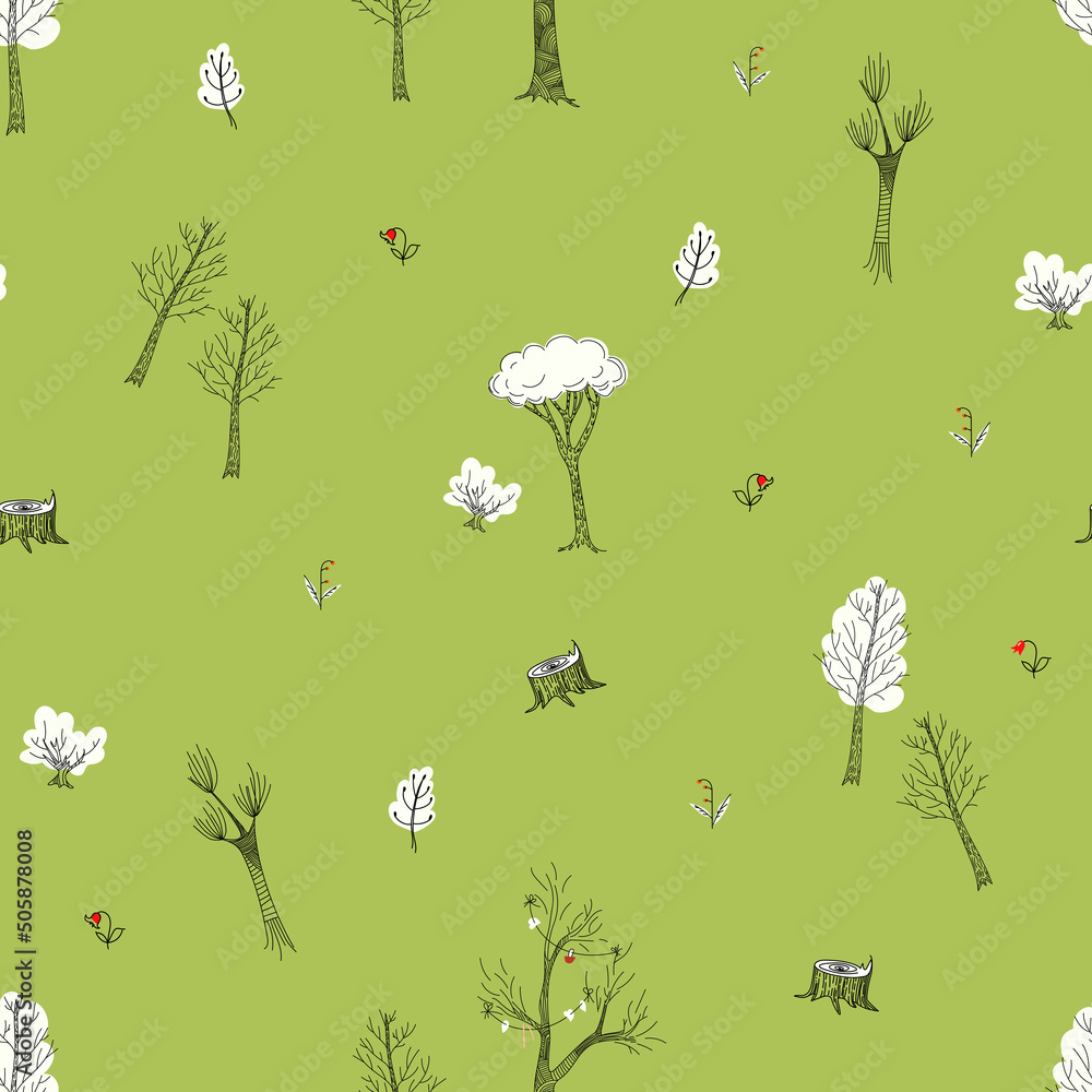 Poster seamless vector forest pattern in doodle style.
