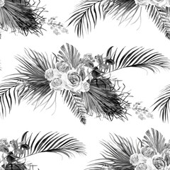 Seamless black and white pattern with a Bouquet of roses and tropical dried flowers in Boho style