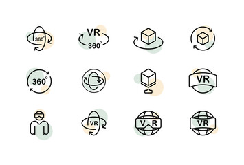 Virtual reality set icon. Augmented reality, box, 360 degree view, 3d glasses, helmet, vr text. VR head-mounted concept. Glassmorphism style. Vector line icon for Business and Advertising