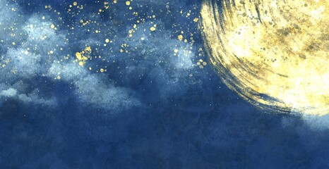 和風な月と星空の背景素材 抽象的 日本画 青