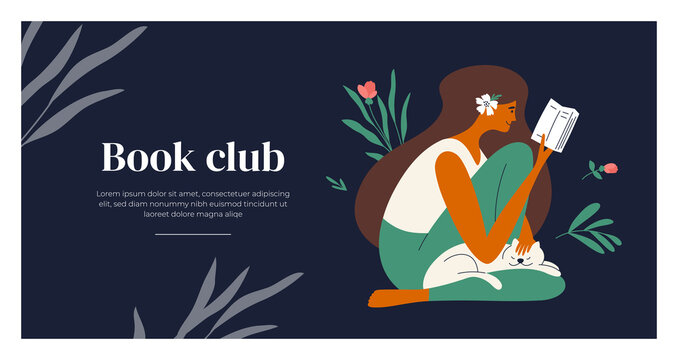 Layout design template of book club. Female with flower in long hair sitting outdoor enjoy reading. Young woman reads book. Relax time, leisure, booklover rest. Poetry, literature vector illustration