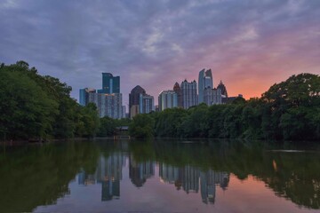 Fototapeta na wymiar Midtown Atlanta sunset reflection on lake 