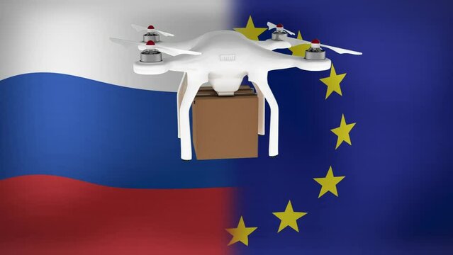 Animation of drone with box over flags of russia and eu