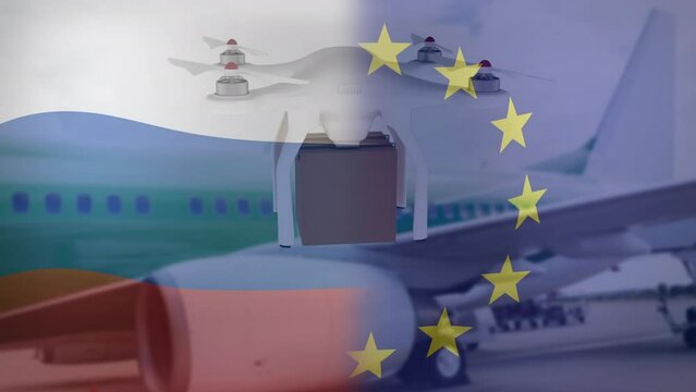Animation of drone with box over flags of russia and eu