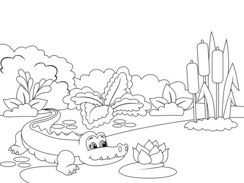 Crocodile on the river bank. Animals cartoon. Coloring page outline of cartoon. Raster illustration, coloring book for kids.