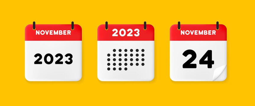 Calendar set icon. Calendar on a yellow background with Twenty four november, 2023, 24 number text. Reminder. Date menegement concept. Vector line icon for Business and Advertising