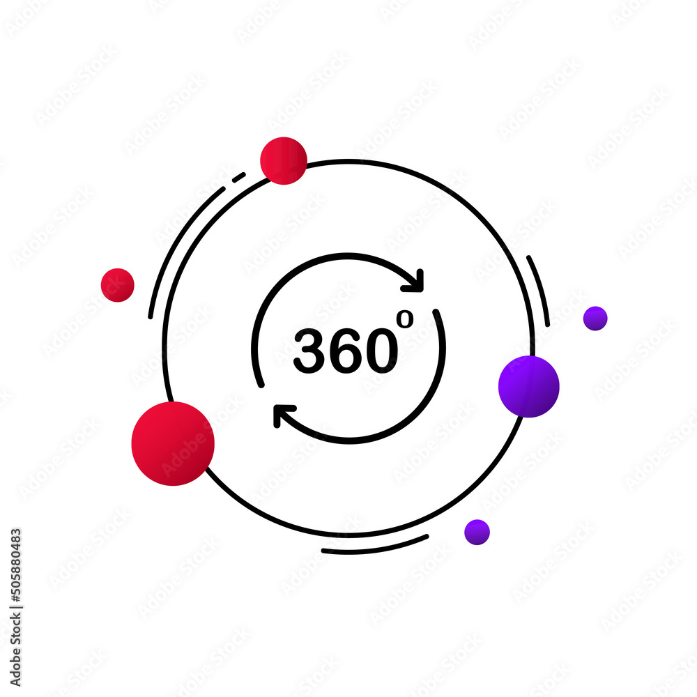 Poster arrows line icon. circle, pie pointer, 360 degrees view, visibility, viewing angle. virtual reality 