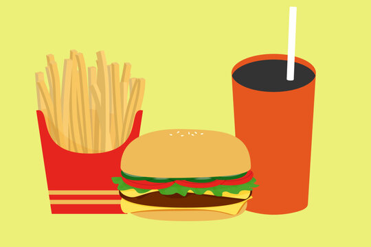 Vector of Hamburger meal with french fries and cola
