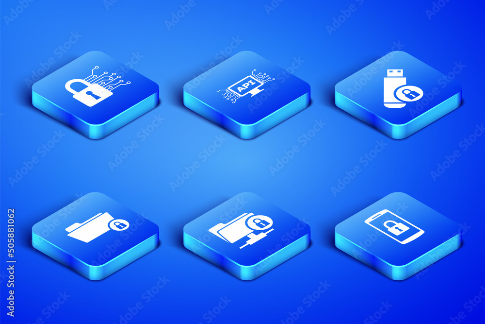 Poster set smartphone with lock, cyber security, ftp folder and, folder, computer api interface and usb fla