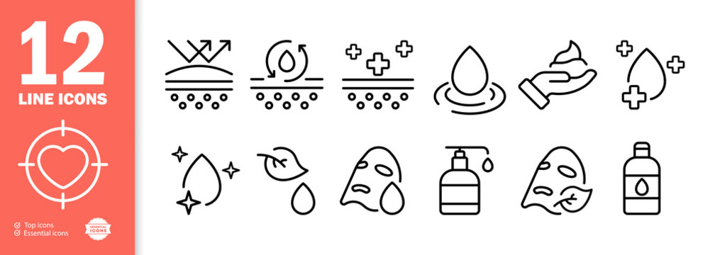 Scin care set icon. Scrub, cream, skin moisturizing, pore cleaning, sun protection, acne cream, mask, aloe, etc. Personal care concept. Vector line icon for Business and Advertising