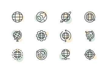 Earth set icon. Planet, globe, axis, satellite, location, pointer, cardinal points. Cartography and topography concept. Vector line icon for Business and Advertising