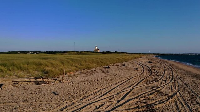 Summer aerial view of Block Island's North Lighthouse, New Shoreham, Rhode Island.