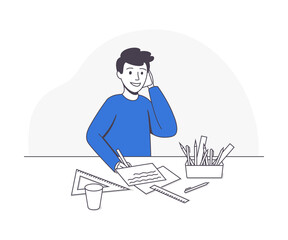 Smiling Boy School Pupil Doing Homework Sitting at Desk Writing on Sheet of Paper and Speaking by Phone Vector Illustration