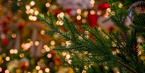 Close up of christmas tree branches with Bokeh lights in the background. New Year and christmas...