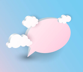 3d Speech Bubble and clouds. Chat icon in blue sky, communication balloon, pink round elements with shadows, chatting and talking, empty message with copy space, vector isolated banner or poster