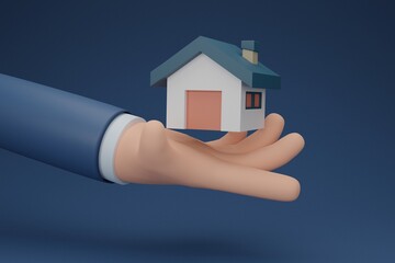 Fototapeta na wymiar Hand holding house,Hand gives home . rental or lease a House Concept.3D rendering illustration.