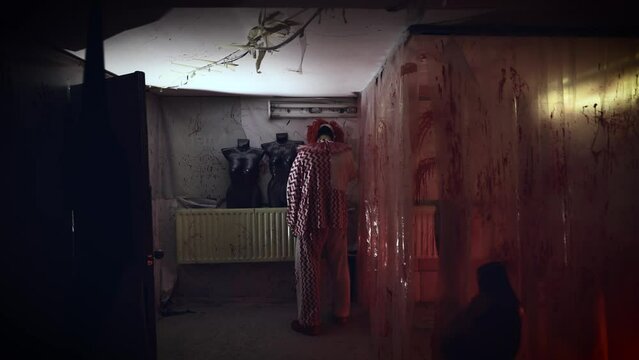 Scary clown maniac in his bloody lair