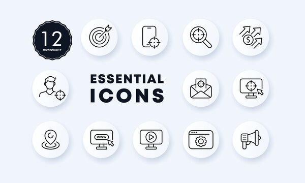 Contextual advertising set icon. Target, arrow, search, income, tracking, geolocation, mouthpiece, website, online store. The target audience concept. Vector line icon for Business and Advertising