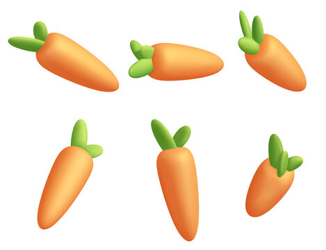3d carrot set in a stylized plastic or plasticine. Cartoon style. Vegetables illustration isolated on white background. Minimal object for food and beverage concept.
