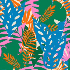 Colorful tropical seamless pattern with plants, leaves and abstraction. Trend vector design, beautiful print. Printing with in hand drawn style. Abstract background with exotic leaves.