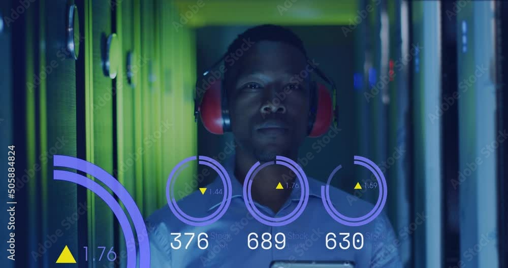 Poster animation of graphs and data over african american man in server room