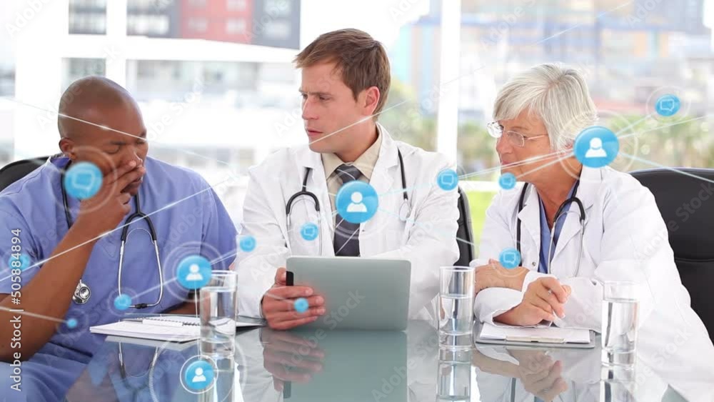 Poster animation of network of connections over diverse doctors working on tablet and talking