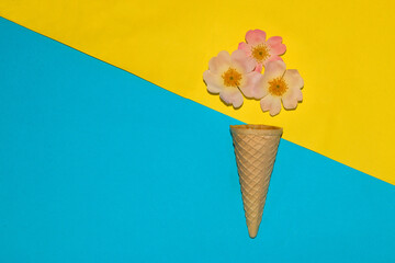 cornet with three flower head, creative summer design floral party ice cream on a blue-yellow background
