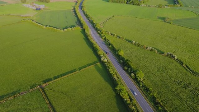 Drone shot.. A-road, major road that links regional towns and cities.  Dual-carriageway. Filmed Yorkshire. England.UK.