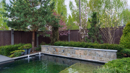 Fototapeta na wymiar Pond in landscape design. Landscape design on backyard. View of small pond, trimmed bushes and small fountain.