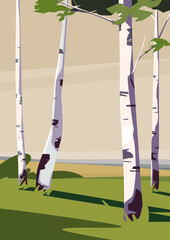 Birches on the meadow. Nature landscape in portrait format.