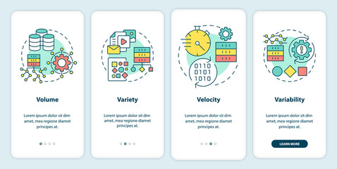 Characteristics of big data onboarding mobile app screen. Digitalization walkthrough 4 steps graphic instructions pages with linear concepts. UI, UX, GUI template. Myriad Pro-Bold, Regular fonts used