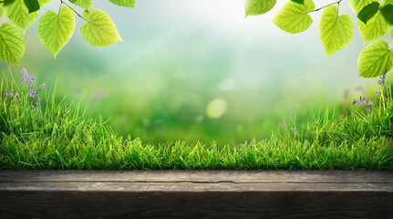 A fresh spring garden background of a green grass lawn, leaves and a blurred background of lush vibrant foliage.