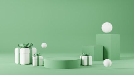 3d rendering of promotion sale with  podium gifts, shopping bag and balloon on minimal green background.