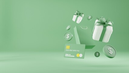 3d rendering of promotion sale with  podium gifts, shopping bag and balloon on minimal green background. - obrazy, fototapety, plakaty