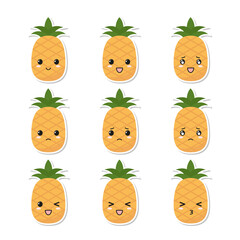 Set of pineapple stickers with kawaii emoji.