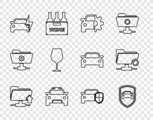 Set line FTP folder upload, Car protection or insurance, service, Police car and flasher, Electric, Wine glass, and sync refresh icon. Vector