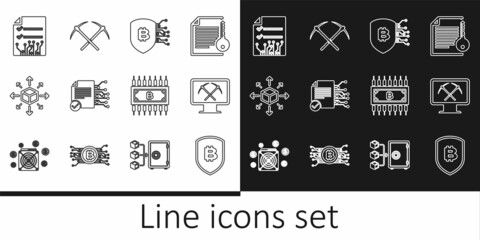 Fototapeta premium Set line Shield with bitcoin, Mining monitor and pickaxe, Smart contract, Distribution, Cryptocurrency circuit and Crossed icon. Vector