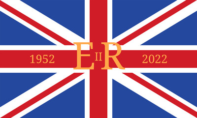 The Queen's Platinum Jubilee. The Royal Cypher of Queen Elizabeth II with Union Jack flag. The Queen will become the first British Monarch to celebrate a Platinum Jubilee after 70 years of service. - obrazy, fototapety, plakaty