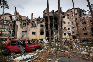 Irpin, Kyev region Ukraine - 09.04.2022: Cities of Ukraine after the Russian occupation. Destroyed...