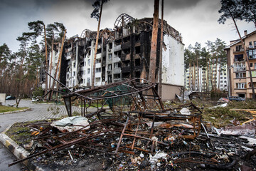 Irpin, Kyev region Ukraine - 09.04.2022: Cities of Ukraine after the Russian occupation. Destroyed buildings on the streets of Irpen. Broken, shelled windows. Buildings after being hit by missiles.